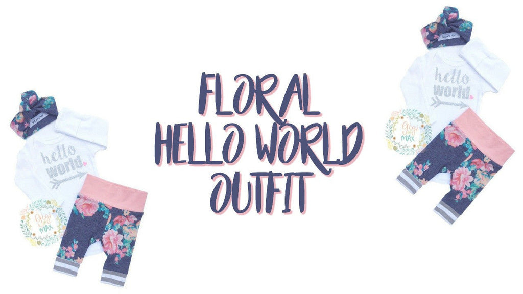 Blue Floral and Pink Hello World Newborn Outfit