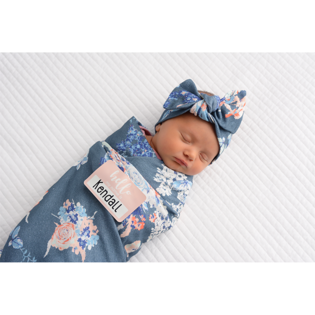 Swaddle Heathered Slate Blue and Pink Floral - Gigi and Max