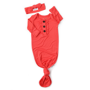 Coral Knotted Ruffle Button Gown -  NB-3m - Gigi and Max
