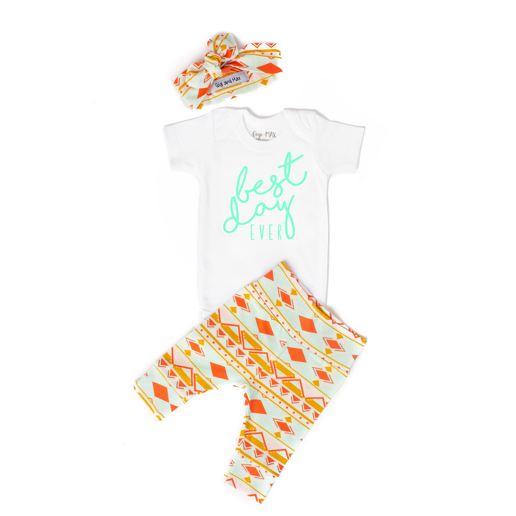 Best Day Ever Peach and Mint Aztec Newborn Outfit - Gigi and Max